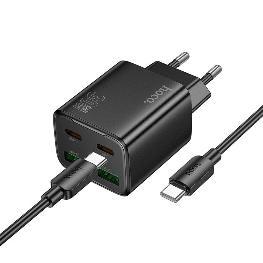 Caricabatterie da Rete con Cavo USB-C HOCO N56, 30W, 3A, 2 x USB-A - 2 x USB-C, Nero