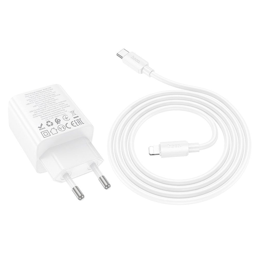 Caricabatterie da Rete con Cavo Lightning HOCO N56, 30W, 3A, 2 x USB-A - 2 x USB-C, Bianco