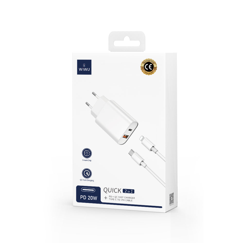 Caricabatterie da Rete con Cavo Lightning WiWu Wi-U002, 20W, 3A, 1 x USB-A - 1 x USB-C, Nero