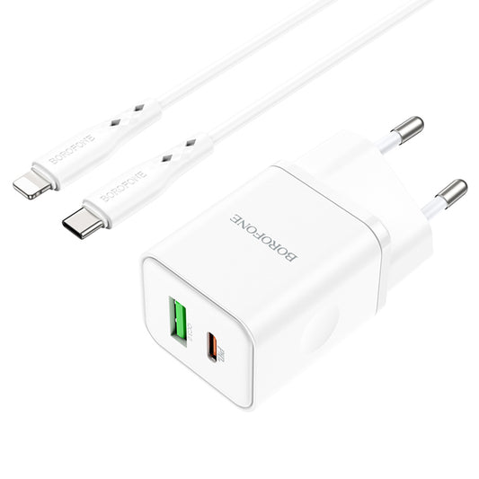 Network Charger with Lightning Cable Borofone BN7, 20W, 3A, 1 x USB-A - 1 x USB-C, White