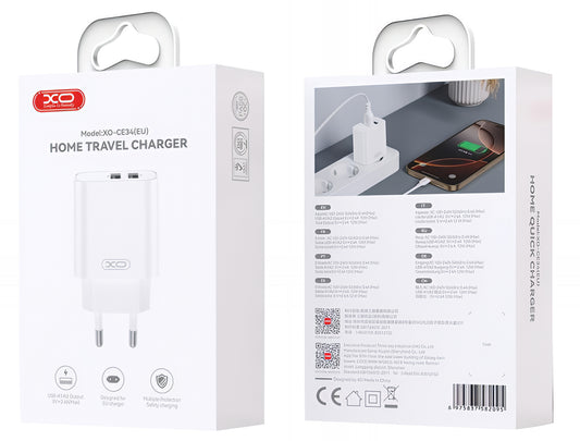 Caricabatterie da Rete con Cavo Lightning XO Design CE34, 12W, 2.4A, 2 x USB-A, Bianco