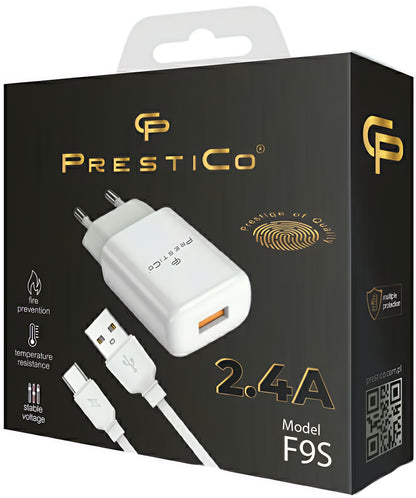 Caricabatterie da Rete con Cavo USB-C Prestico F9S, 12W, 2.4A, 1 x USB-A, Bianco