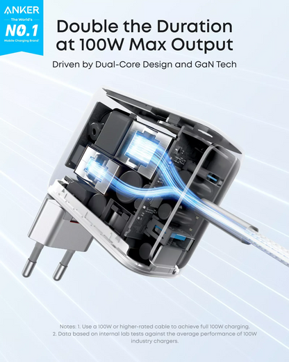 Caricabatterie da rete con cavo USB-C Anker Smart Display, 100W, 5A, 1 x USB-A - 2 x USB-C, Argento B121BG41