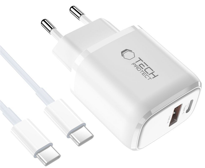 Caricatore da Rete con Cavo USB-C Tech-Protect NCA20, 20W, 3A, 1 x USB-A - 1 x USB-C, Bianco