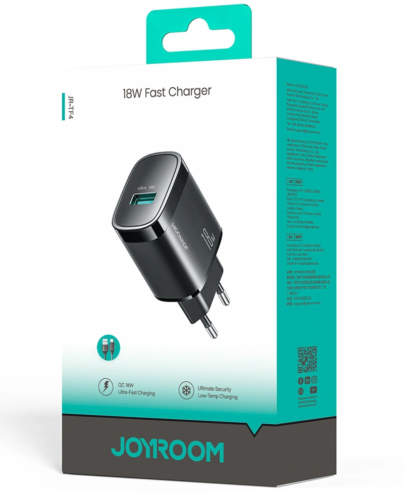 Caricatore da Rete con Cavo USB-C Joyroom JR-TF4, 18W, 3A, 1 x USB-A, Nero