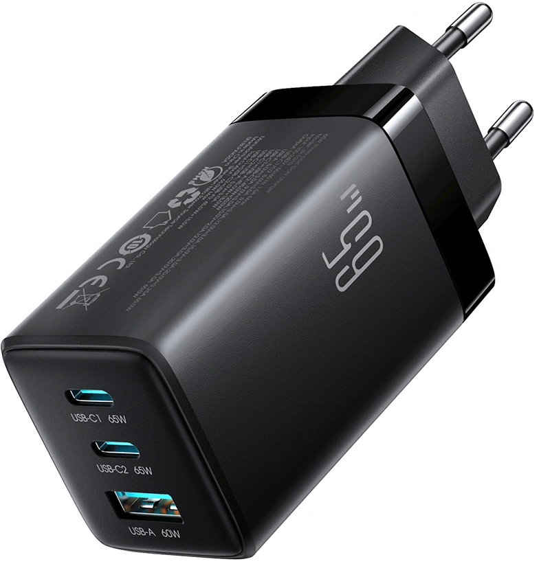 Caricatore da rete con cavo USB-C Joyroom JR-TG10, 65W, 3.25A, 1 x USB-A - 2 x USB-C, Nero