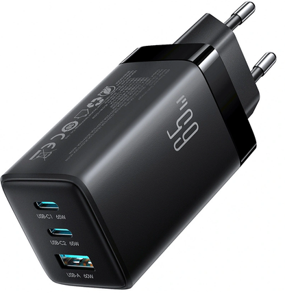Caricatore da rete con cavo USB-C Joyroom JR-TG10, 65W, 3.25A, 1 x USB-A - 2 x USB-C, Nero
