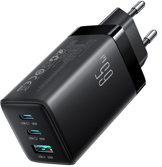 Caricatore da rete con cavo USB-C Joyroom JR-TG10, 65W, 3.25A, 1 x USB-A - 2 x USB-C, Nero