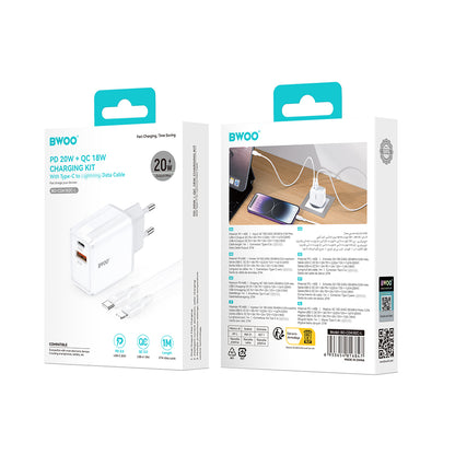 Caricatore da Rete con Cavo Lightning BWOO CDA182, 38W, 3A, 1 x USB-A - 1 x USB-C, Bianco