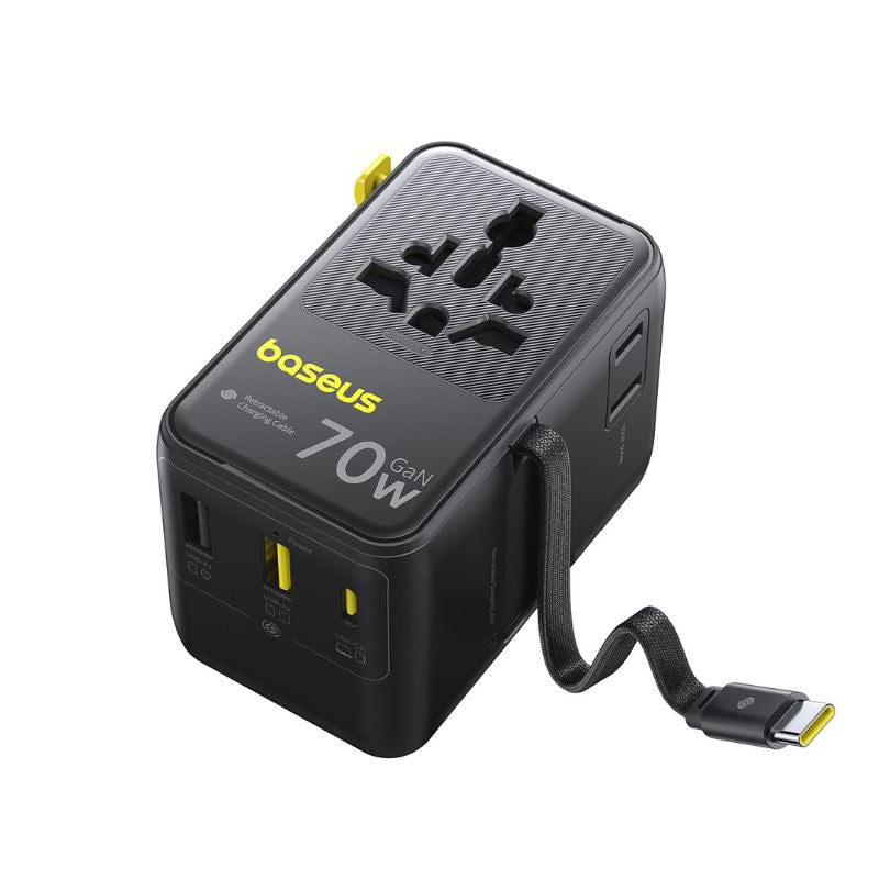 Caricatore da rete con cavo USB-C Baseus Travel EnerCore CG11, 70W, 2 x Presa - 1 x USB-C - 2 x USB-A, Nero E0307E00