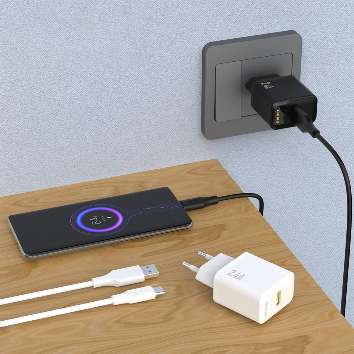 Caricatore da rete con cavo USB-C Dudao A23TEU, 12W, 2.4A, 1 x USB-A, Nero