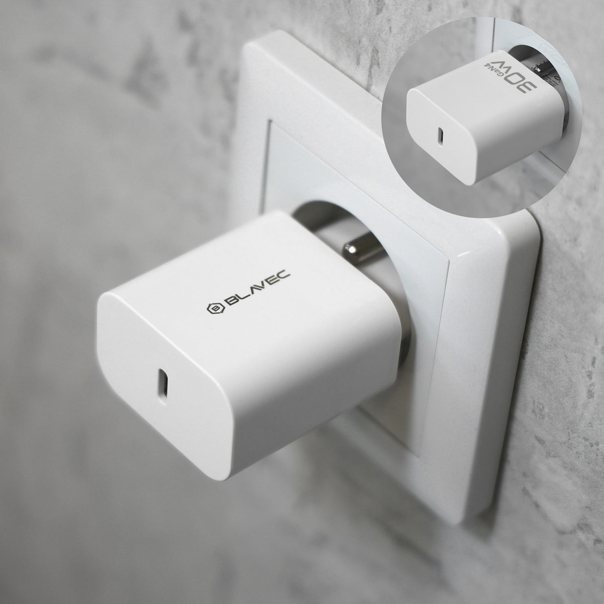 Caricabatterie da rete con cavo USB-C Blavec BC-14, 30 W, 3 A, 1 x USB-C, bianco