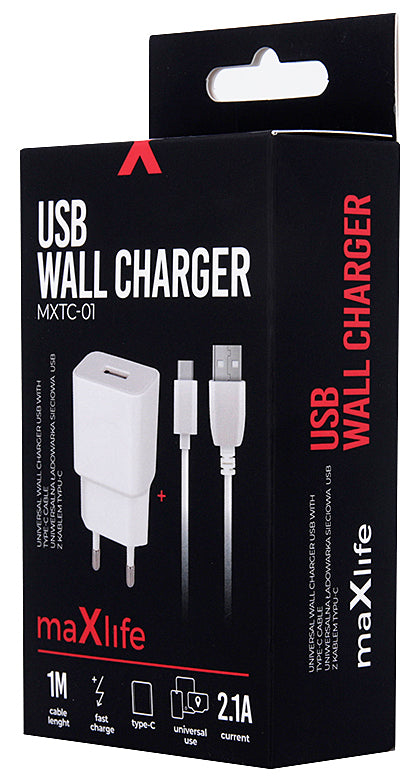 Caricatore da rete con cavo USB-C MaXlife MXTC-01, 10,5W, 2,1A, 1 x USB-A, Bianco