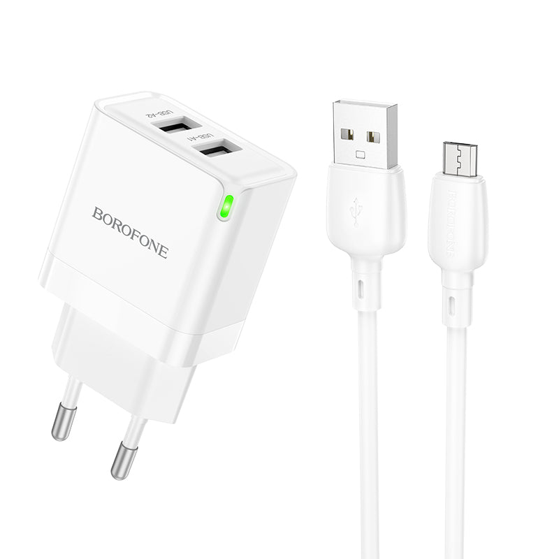 Caricatore di rete con cavo microUSB Borofone BN15 Strong, 10,5W, 2,1A, 2 x USB-A, Bianco 