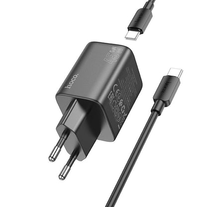 Caricabatterie di rete con cavo USB-C HOCO N42, 45W, 3A, 2 x USB-C, nero 