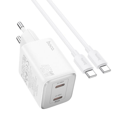 Caricabatterie di rete con cavo USB-C HOCO N42, 45W, 3A, 2 x USB-C, bianco 