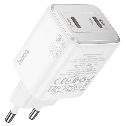 Caricatore di rete con cavo Lightning HOCO N42, 45W, 3A, 2 x USB-C, bianco 