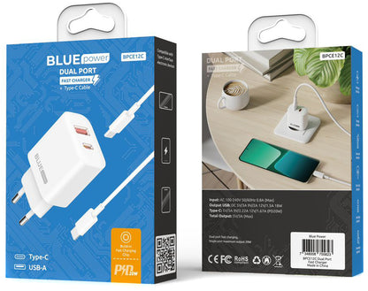 Blue Power BPCE12C Caricabatterie di rete con cavo USB-C BPCE12C, 20W, 3A, 1 x USB-A - 1 x USB-C, Bianco 