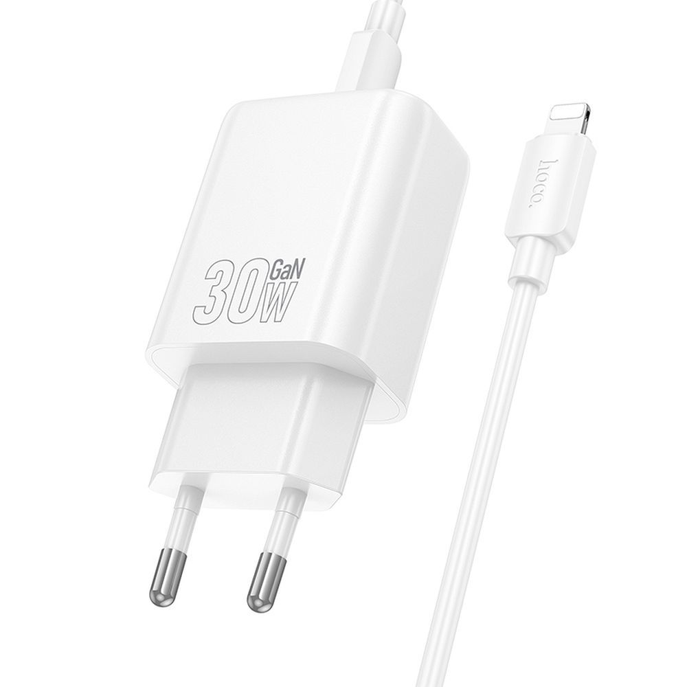 Caricabatterie da Rete con Cavo Lightning HOCO N63, 30W, 3A, 1 x USB-A - 1 x USB-C, Bianco