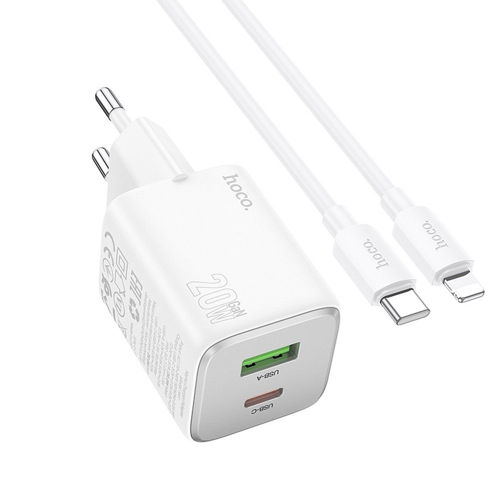 Caricabatterie da rete con cavo Lightning HOCO N41, 20W, 3A, 1 x USB-A - 1 x USB-C, Bianco