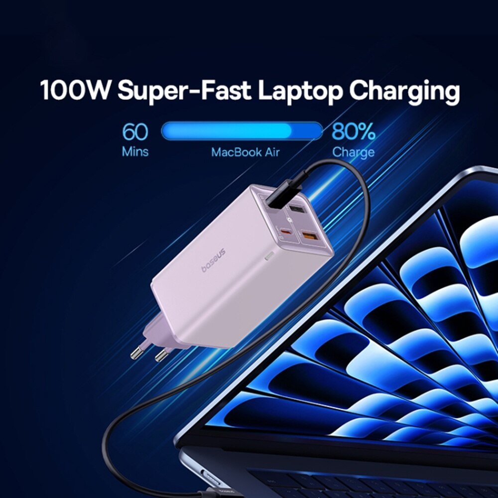 Caricabatterie Retea Con Cavo USB-C Baseus GaN6 Pro, 100W, 3.25A, 2 x USB-A - 2 x USB-C, Viola P10162705532-00