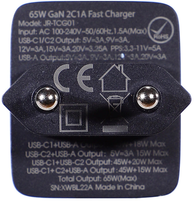 Caricabatterie Rete Con Cavo USB-C Joyroom TCG01, 65W, 3.25A, 1 x USB-A - 2 x USB-C, Nero