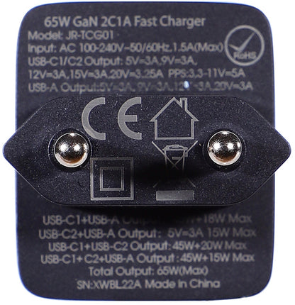 Caricabatterie Rete Con Cavo USB-C Joyroom TCG01, 65W, 3.25A, 1 x USB-A - 2 x USB-C, Nero