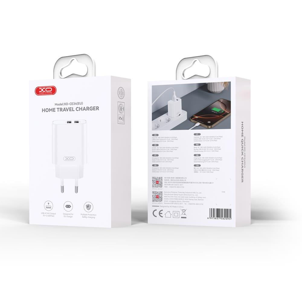 Caricabatterie da Rete con Cavo USB-C XO Design CE34, 12W, 2.4A, 2 x USB-A, Bianco
