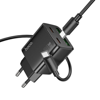 Caricabatterie da Rete con Cavo USB-C HOCO N56, 30W, 3A, 2 x USB-A - 2 x USB-C, Nero