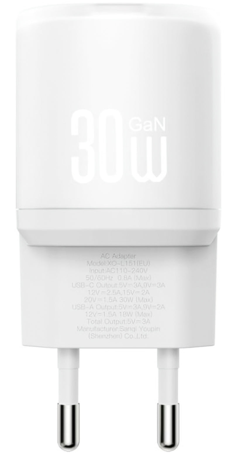 Caricabatterie da Rete con Cavo USB-C XO Design L151, 30W, 3A, 1 x USB-A - 1 x USB-C, Bianco