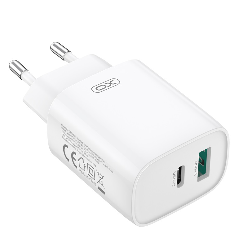 Caricabatterie da Rete con Cavo Lightning XO Design CE30, 30W, 3A, 1 x USB-A - 1 x USB-C, Bianco