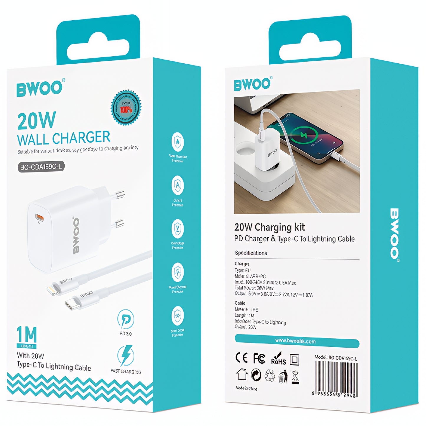 Caricabatterie da Rete con Cavo Lightning BWOO CDA159, 20W, 3A, 1 x USB-C, Bianco