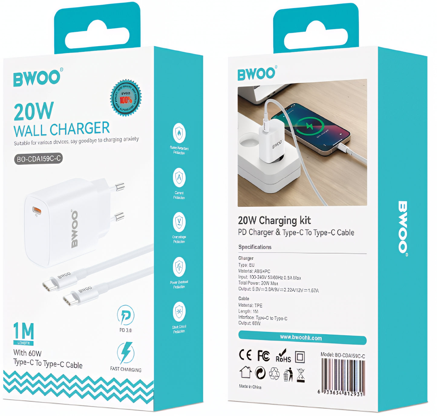 Caricabatterie da Rete con Cavo USB-C BWOO CDA159, 20W, 3A, 1 x USB-C, Bianco
