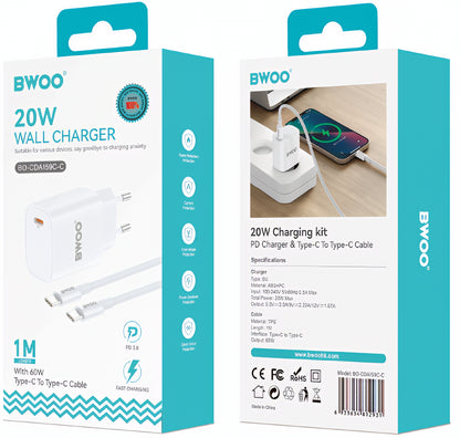 Caricabatterie da Rete con Cavo USB-C BWOO CDA159, 20W, 3A, 1 x USB-C, Bianco