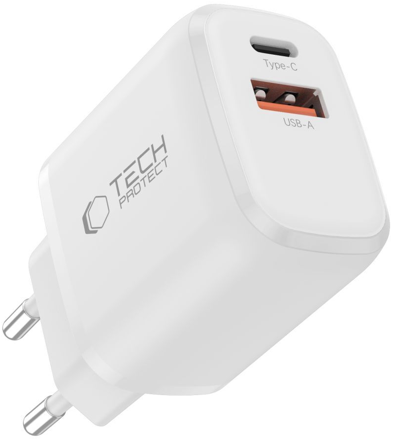 Caricatore da Rete con Cavo USB-C Tech-Protect NCA20, 20W, 3A, 1 x USB-A - 1 x USB-C, Bianco