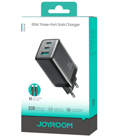 Caricatore da rete con cavo USB-C Joyroom JR-TG10, 65W, 3.25A, 1 x USB-A - 2 x USB-C, Nero
