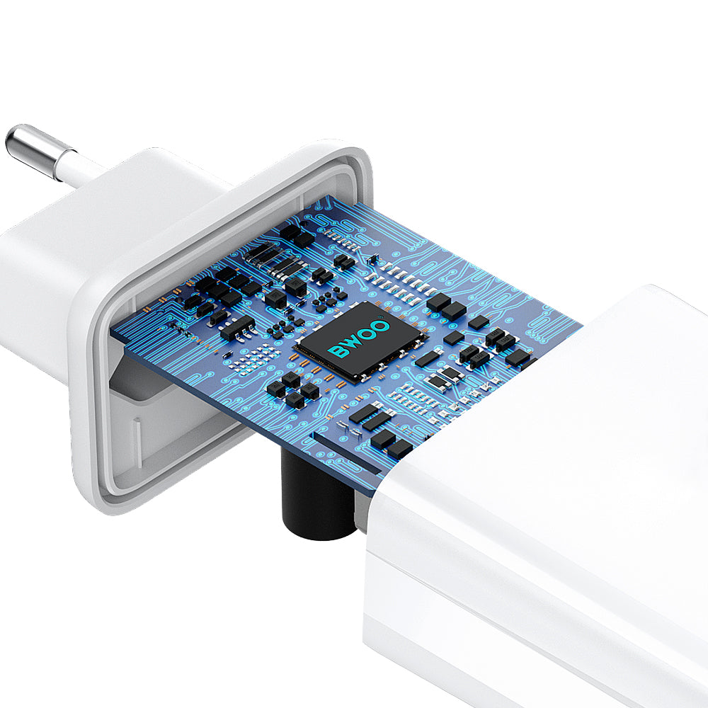 Caricatore da Rete con Cavo Lightning BWOO CDA182, 38W, 3A, 1 x USB-A - 1 x USB-C, Bianco