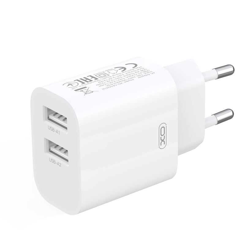 Caricatore da rete con cavo Lightning XO Design CE55, 12 W, 2,4 A, 2 x USB-A, bianco