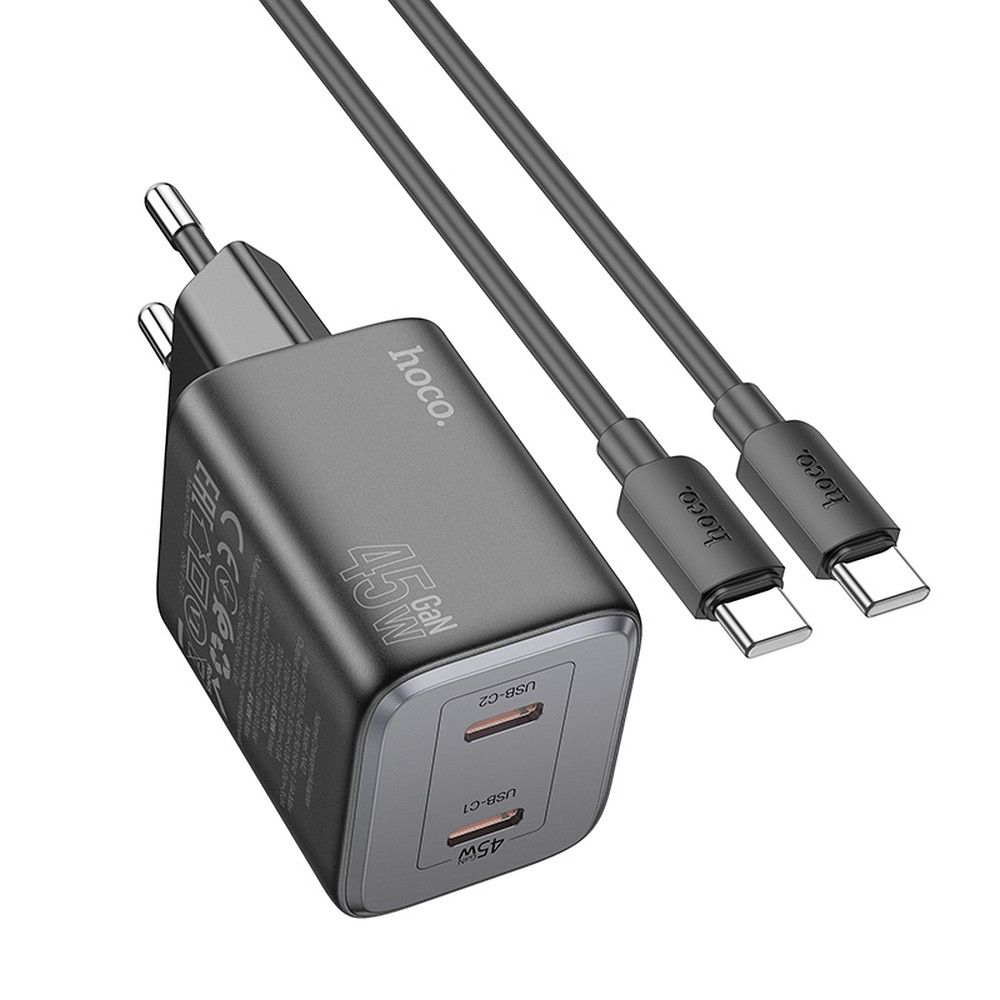 Caricabatterie di rete con cavo USB-C HOCO N42, 45W, 3A, 2 x USB-C, nero 