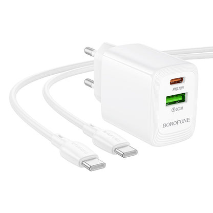 Network Charger with USB-C Cable Borofone BN27 Fuente, 20W, 3A, 1 x USB-A - 1 x USB-C, White