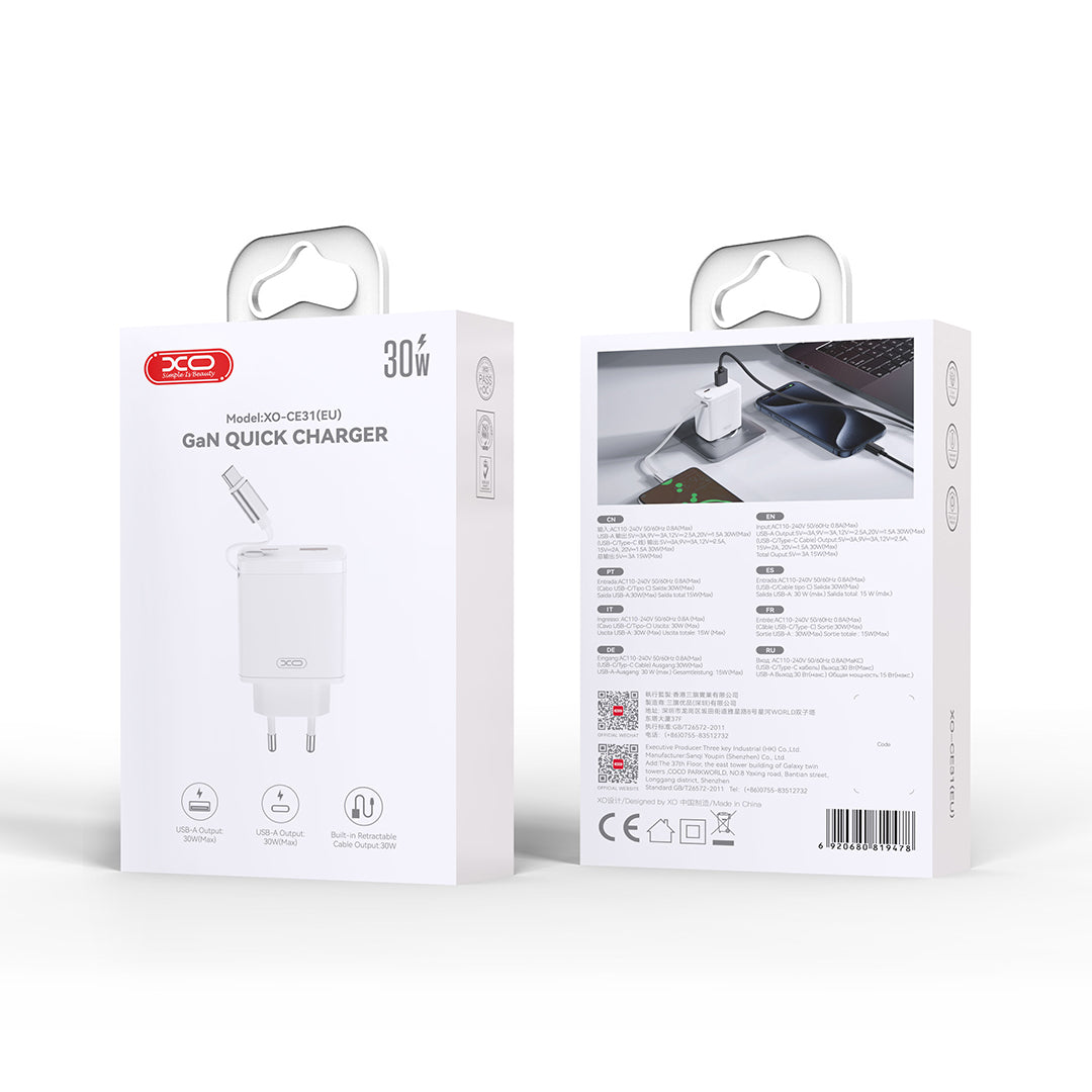 Caricabatterie da Rete con Cavo USB-C XO Design CE31, 30W, 3A, 1 x USB-A - 1 x USB-C, Bianco