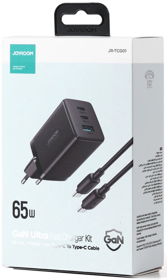 Caricabatterie Rete Con Cavo USB-C Joyroom TCG01, 65W, 3.25A, 1 x USB-A - 2 x USB-C, Nero