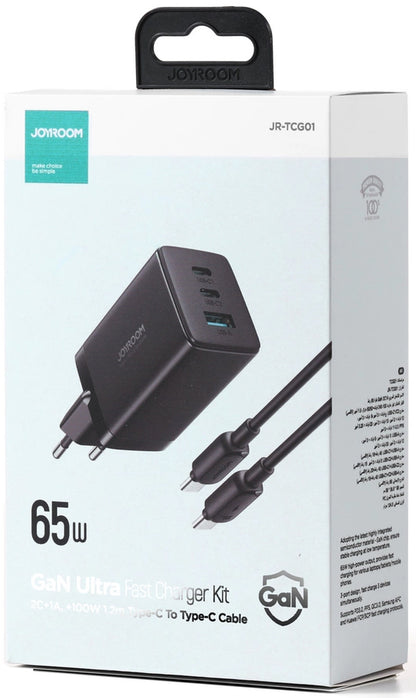 Caricabatterie Rete Con Cavo USB-C Joyroom TCG01, 65W, 3.25A, 1 x USB-A - 2 x USB-C, Nero