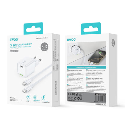 Caricabatterie da rete con cavo USB-C BWOO CDA211, 30W, 3A, 1 x USB-C, Bianco