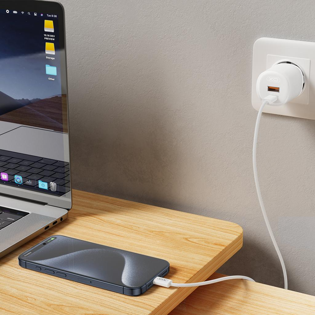 Caricabatterie da Rete con Cavo Lightning XO Design L151, 30W, 3A, 1 x USB-A - 1 x USB-C, Bianco