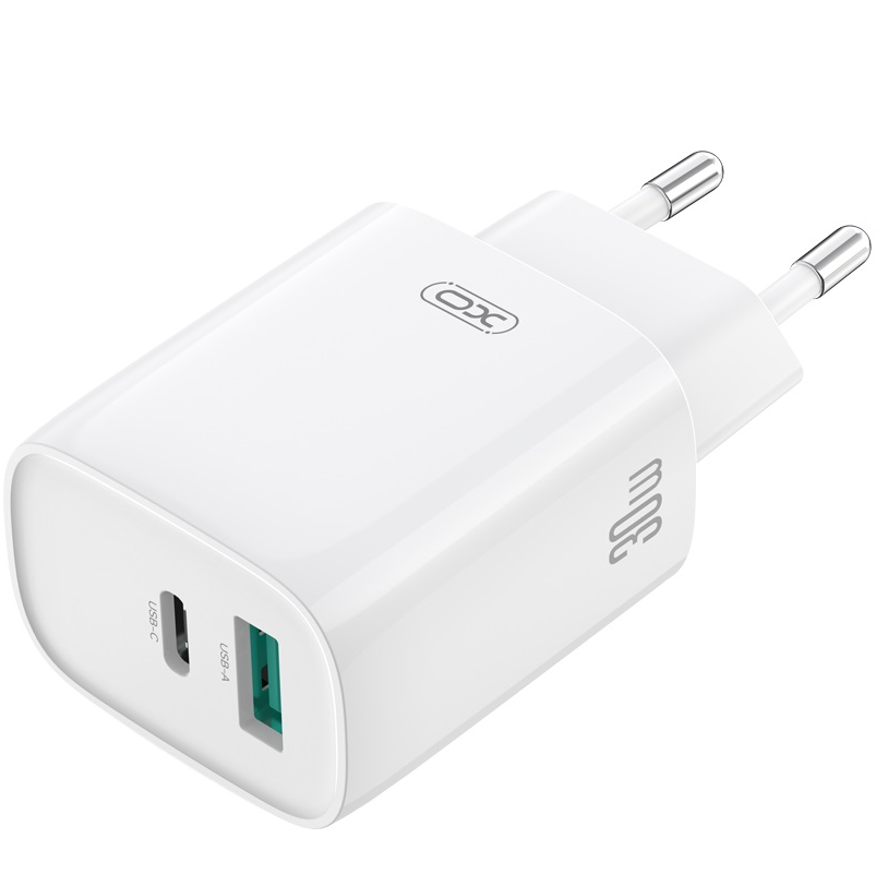 Caricabatterie da rete con cavo USB-C XO Design CE30, 30W, 3A, 1 x USB-A - 1 x USB-C, Bianco