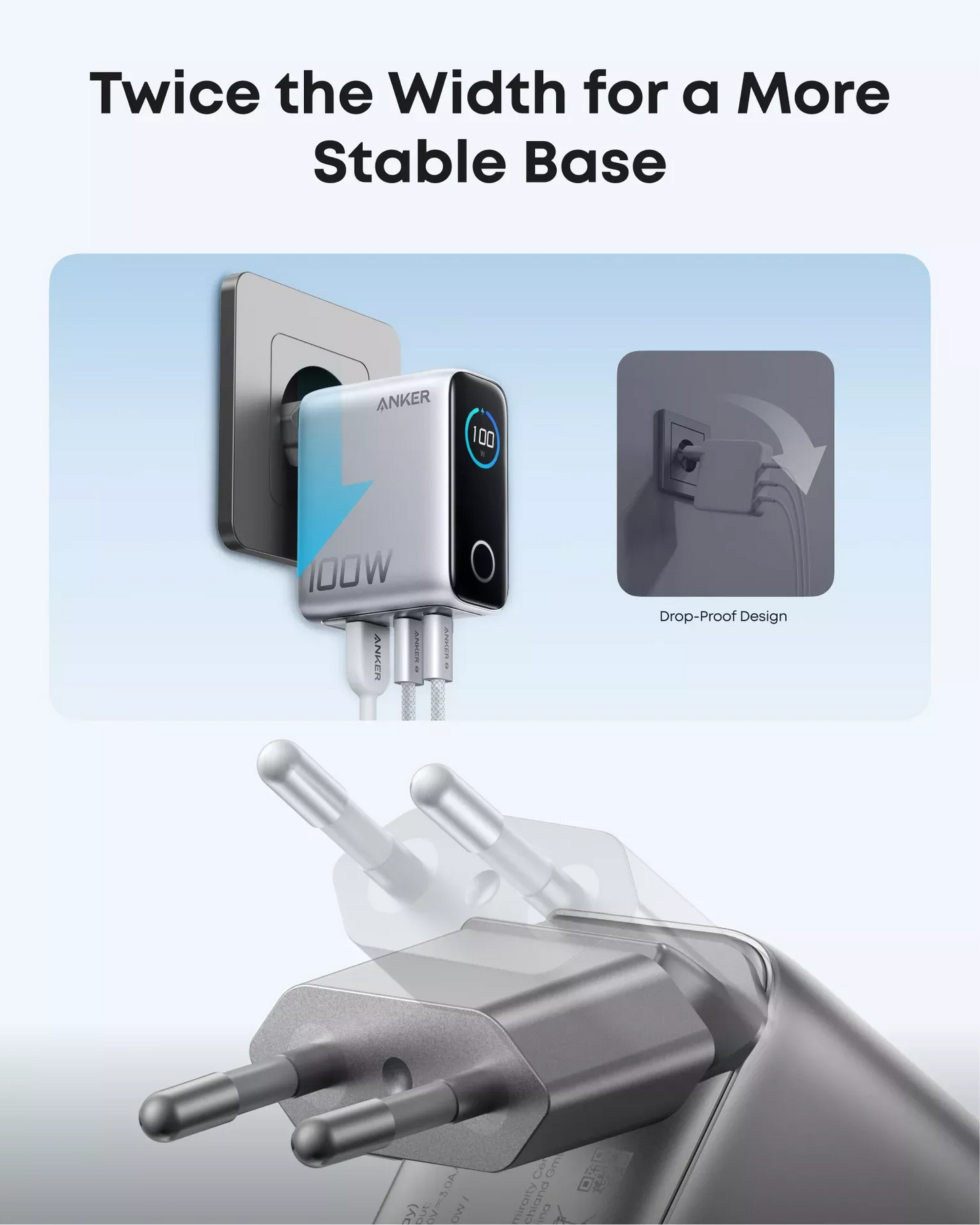 Caricabatterie da rete con cavo USB-C Anker Smart Display, 100W, 5A, 1 x USB-A - 2 x USB-C, Argento B121BG41