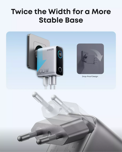 Caricabatterie da rete con cavo USB-C Anker Smart Display, 100W, 5A, 1 x USB-A - 2 x USB-C, Argento B121BG41