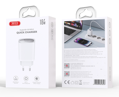 Caricabatterie da Rete con Cavo USB-C XO Design CE19, 18W, 3A, 1 x USB-A, Bianco