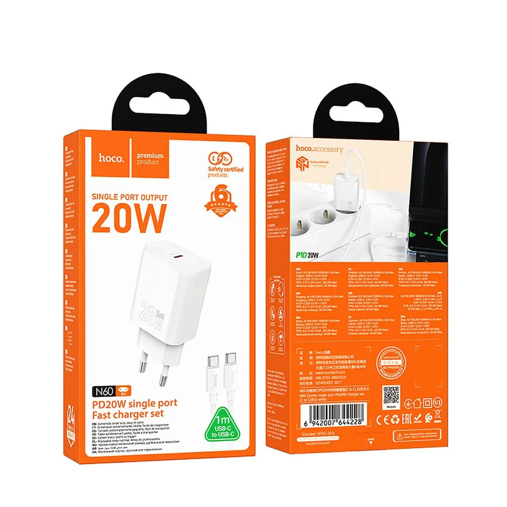 Caricabatterie da rete con cavo Lightning HOCO N60, 20W, 3A, 1 x USB-C, Bianco
